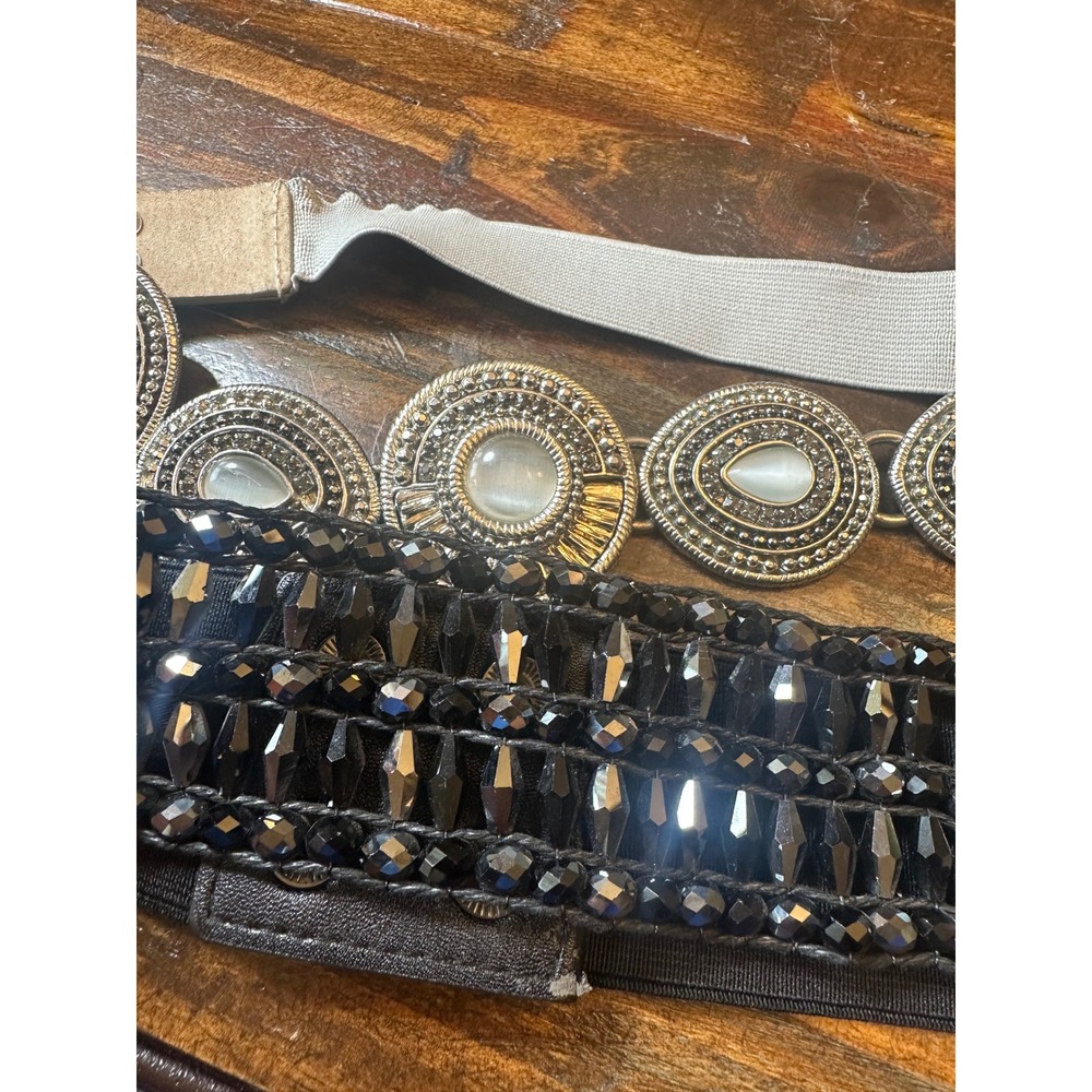 Set of 2 Women Elastic Cinch Belts Black Beaded & Silver Medallion Boho Retro - Picture 12 of 13